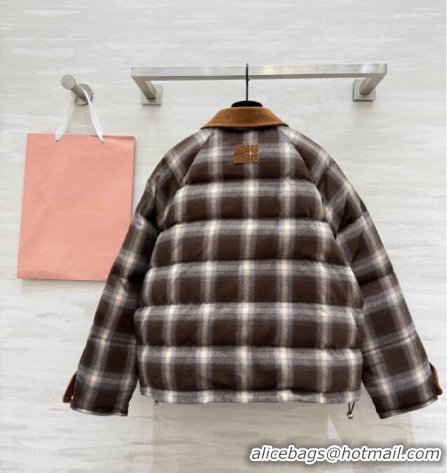 Luxury Cheap Miu Miu Plaid Down Jacket MM120228 Brown 2025