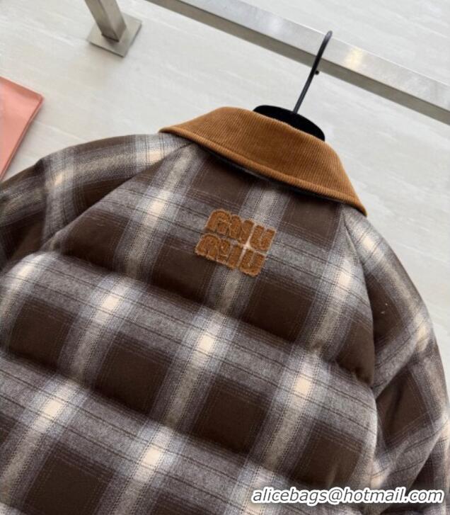 Luxury Cheap Miu Miu Plaid Down Jacket MM120228 Brown 2025