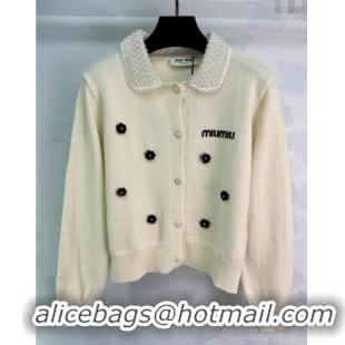 Market Sells Miu Miu Wool Blend Cardigan with Blossom and Pearls MM120231 White 2025