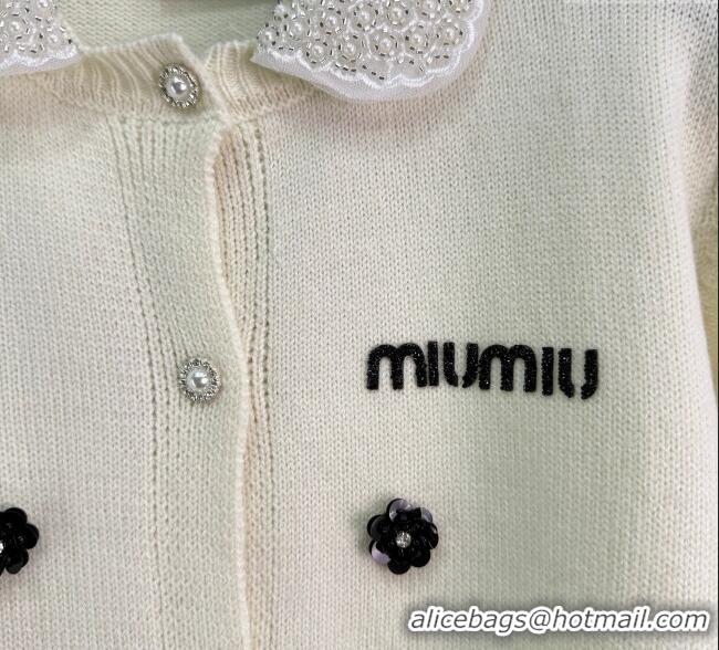 Market Sells Miu Miu Wool Blend Cardigan with Blossom and Pearls MM120231 White 2025