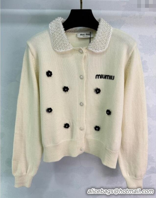 Market Sells Miu Miu Wool Blend Cardigan with Blossom and Pearls MM120231 White 2025