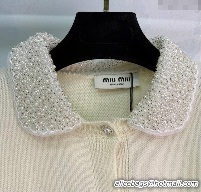 Market Sells Miu Miu Wool Blend Cardigan with Blossom and Pearls MM120231 White 2025