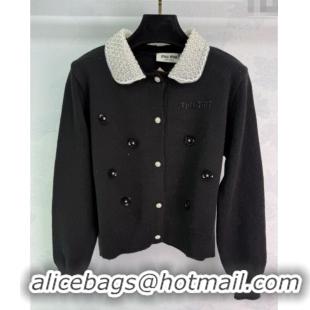 Promotional Miu Miu Wool Blend Cardigan with Blossom and Pearls MM120231 Black 2025