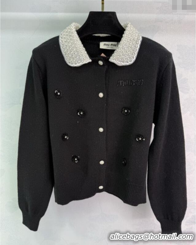 Promotional Miu Miu Wool Blend Cardigan with Blossom and Pearls MM120231 Black 2025