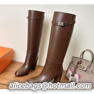 Perfect Hermes Heel High Boots 9.5cm in Calfskin Leather with Kelly Buckle Strap Dark Brown 1023056