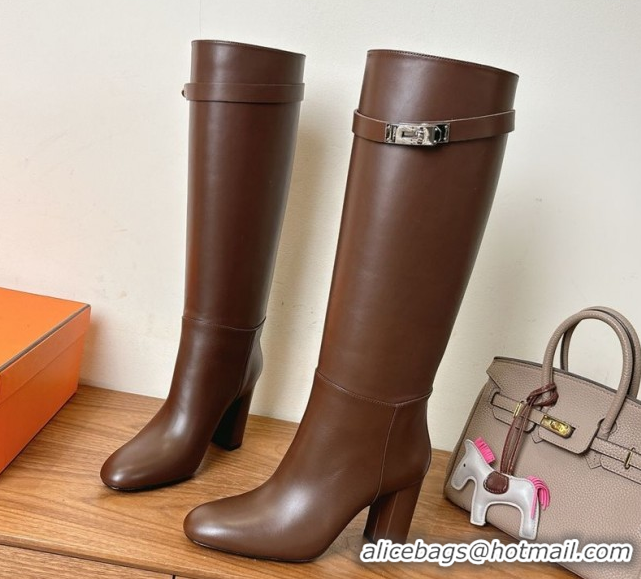 Perfect Hermes Heel High Boots 9.5cm in Calfskin Leather with Kelly Buckle Strap Dark Brown 1023056