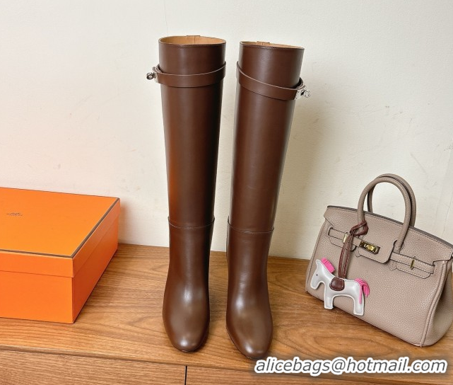 Perfect Hermes Heel High Boots 9.5cm in Calfskin Leather with Kelly Buckle Strap Dark Brown 1023056