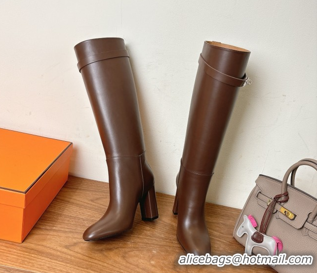Perfect Hermes Heel High Boots 9.5cm in Calfskin Leather with Kelly Buckle Strap Dark Brown 1023056