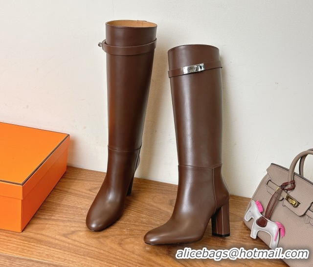 Perfect Hermes Heel High Boots 9.5cm in Calfskin Leather with Kelly Buckle Strap Dark Brown 1023056