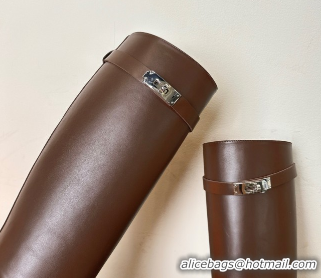 Perfect Hermes Heel High Boots 9.5cm in Calfskin Leather with Kelly Buckle Strap Dark Brown 1023056