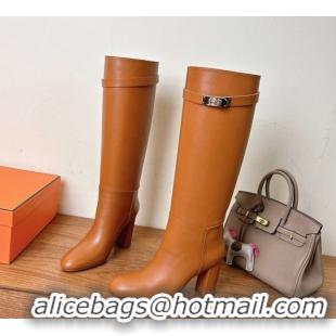 Purchase Hermes Heel High Boots 9.5cm in Calfskin Leather with Kelly Buckle Strap Brown 1023057