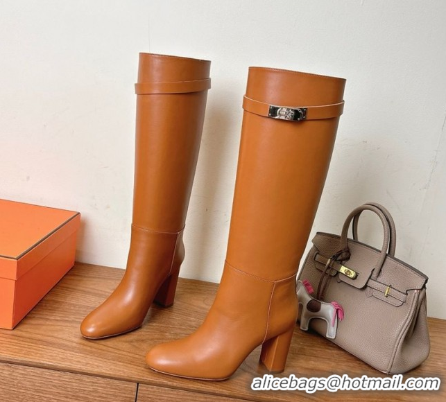Purchase Hermes Heel High Boots 9.5cm in Calfskin Leather with Kelly Buckle Strap Brown 1023057