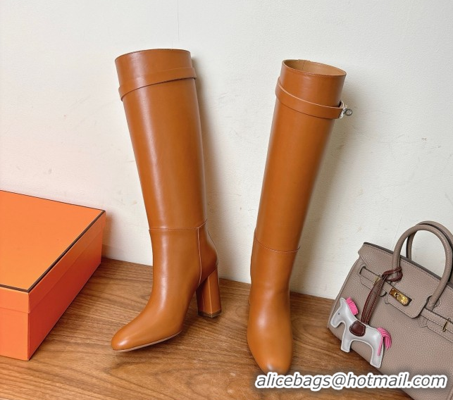 Purchase Hermes Heel High Boots 9.5cm in Calfskin Leather with Kelly Buckle Strap Brown 1023057