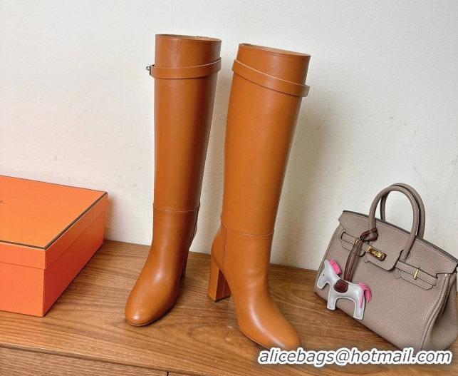 Purchase Hermes Heel High Boots 9.5cm in Calfskin Leather with Kelly Buckle Strap Brown 1023057