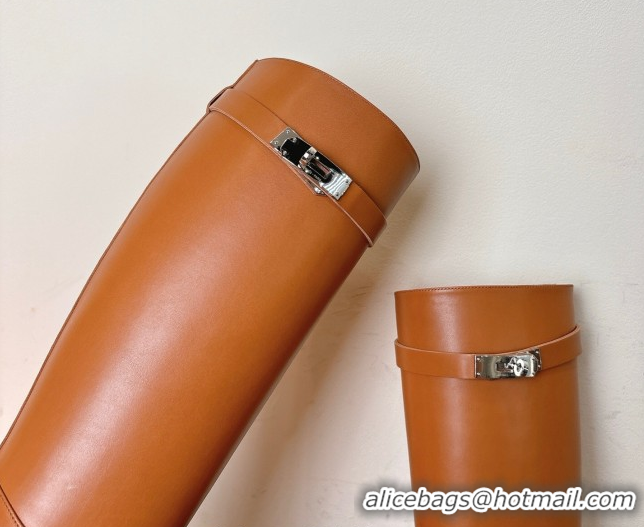Purchase Hermes Heel High Boots 9.5cm in Calfskin Leather with Kelly Buckle Strap Brown 1023057