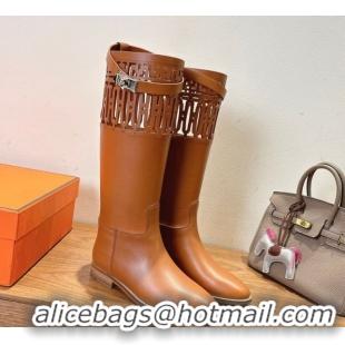 Good Quality Hermes Jumping High Flat Boots in Calfskin Leather with Kelly Strap and Cutout Tan Brown 1023058