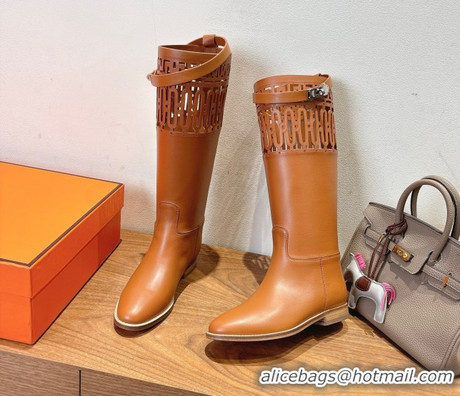 Good Quality Hermes Jumping High Flat Boots in Calfskin Leather with Kelly Strap and Cutout Tan Brown 1023058