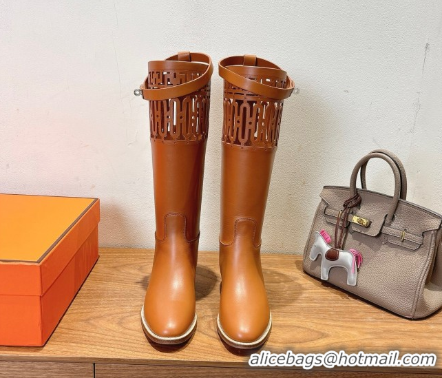 Good Quality Hermes Jumping High Flat Boots in Calfskin Leather with Kelly Strap and Cutout Tan Brown 1023058