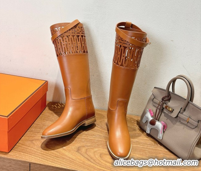Good Quality Hermes Jumping High Flat Boots in Calfskin Leather with Kelly Strap and Cutout Tan Brown 1023058