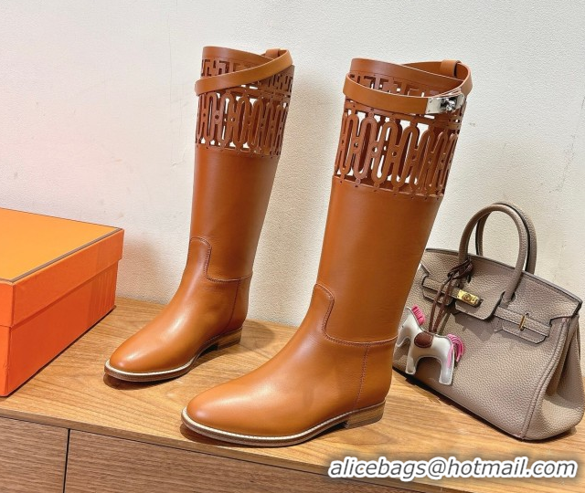 Good Quality Hermes Jumping High Flat Boots in Calfskin Leather with Kelly Strap and Cutout Tan Brown 1023058