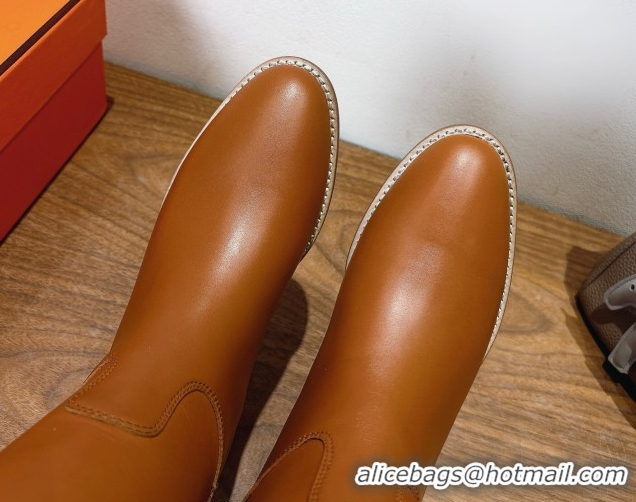 Good Quality Hermes Jumping High Flat Boots in Calfskin Leather with Kelly Strap and Cutout Tan Brown 1023058