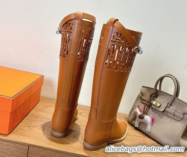 Good Quality Hermes Jumping High Flat Boots in Calfskin Leather with Kelly Strap and Cutout Tan Brown 1023058