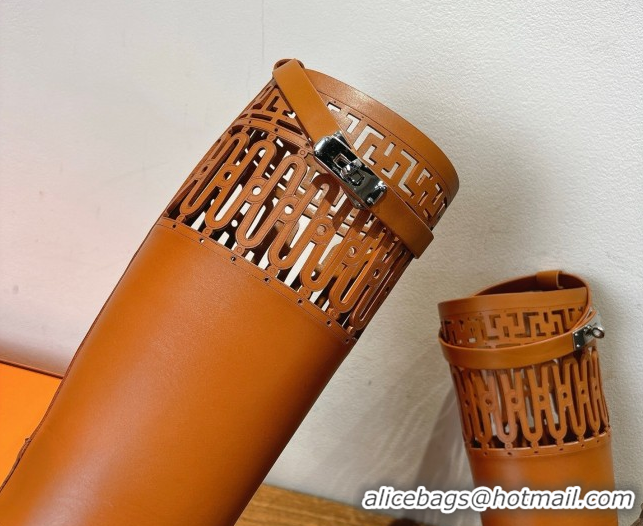 Good Quality Hermes Jumping High Flat Boots in Calfskin Leather with Kelly Strap and Cutout Tan Brown 1023058