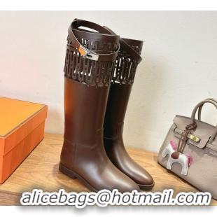 Good Looking Hermes Jumping High Flat Boots in Calfskin Leather with Kelly Strap and Cutout Dark Brown 1023059