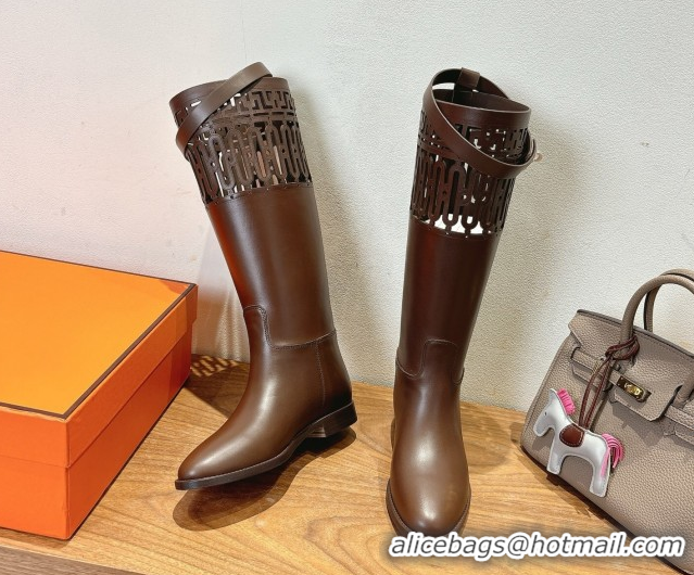Good Looking Hermes Jumping High Flat Boots in Calfskin Leather with Kelly Strap and Cutout Dark Brown 1023059