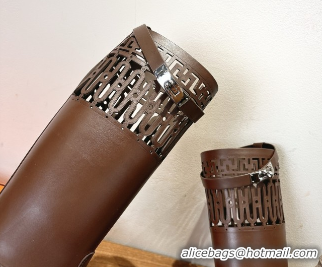 Good Looking Hermes Jumping High Flat Boots in Calfskin Leather with Kelly Strap and Cutout Dark Brown 1023059