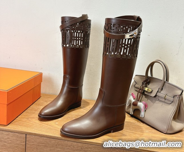 Good Looking Hermes Jumping High Flat Boots in Calfskin Leather with Kelly Strap and Cutout Dark Brown 1023059