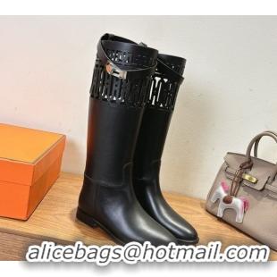 Pretty Style Hermes Jumping High Flat Boots in Calfskin Leather with Kelly Strap and Cutout Black 1023060