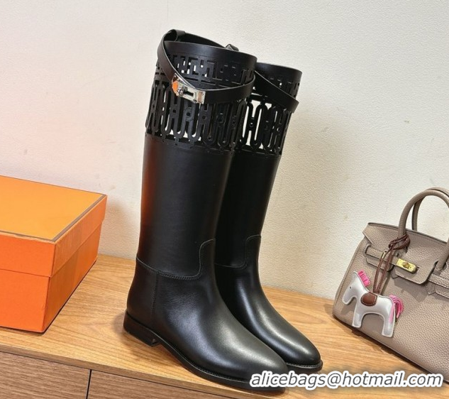 Pretty Style Hermes Jumping High Flat Boots in Calfskin Leather with Kelly Strap and Cutout Black 1023060