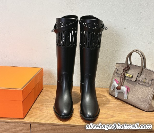 Pretty Style Hermes Jumping High Flat Boots in Calfskin Leather with Kelly Strap and Cutout Black 1023060