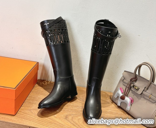 Pretty Style Hermes Jumping High Flat Boots in Calfskin Leather with Kelly Strap and Cutout Black 1023060