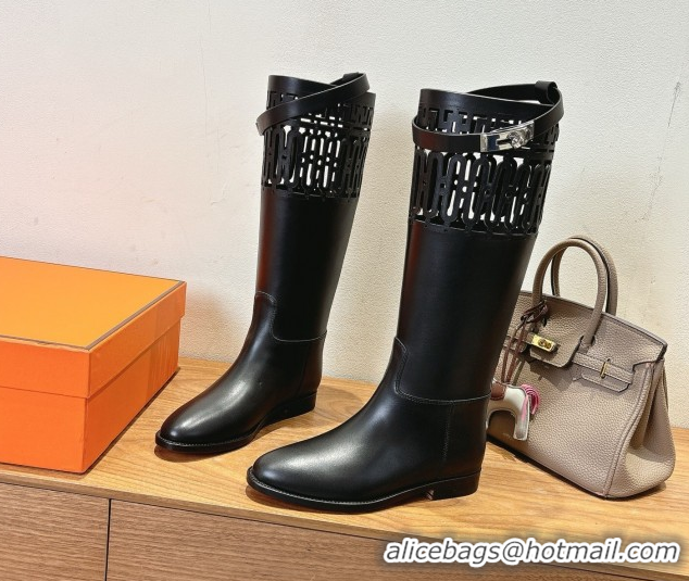 Pretty Style Hermes Jumping High Flat Boots in Calfskin Leather with Kelly Strap and Cutout Black 1023060