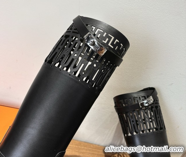 Pretty Style Hermes Jumping High Flat Boots in Calfskin Leather with Kelly Strap and Cutout Black 1023060