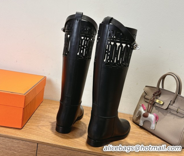 Pretty Style Hermes Jumping High Flat Boots in Calfskin Leather with Kelly Strap and Cutout Black 1023060