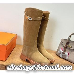 Best Price Hermes High Platform Boots in Suede with Kelly Strap Beige H102301 1023061