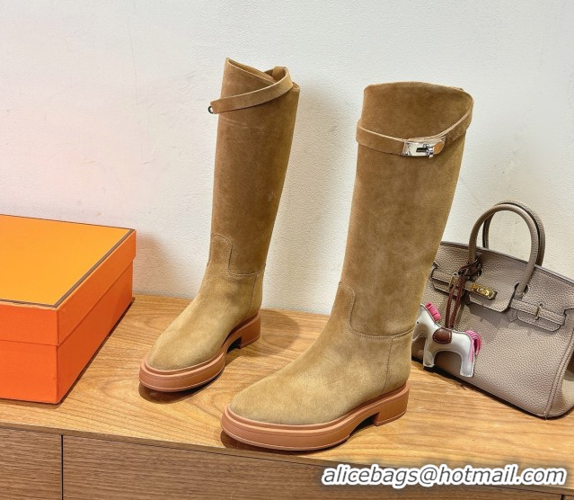 Best Price Hermes High Platform Boots in Suede with Kelly Strap Beige H102301 1023061
