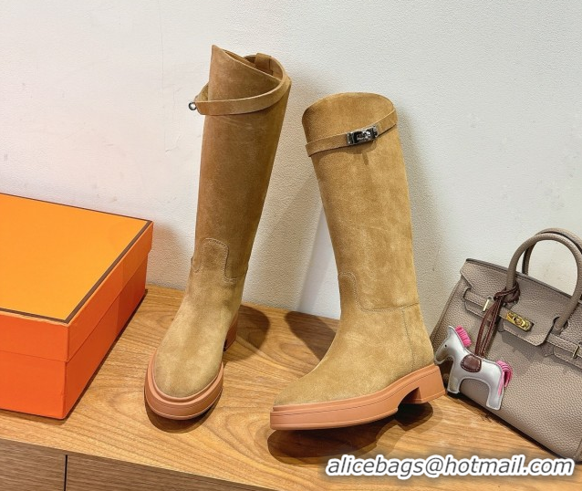 Best Price Hermes High Platform Boots in Suede with Kelly Strap Beige H102301 1023061