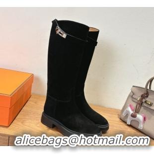 Classic Hot Hermes High Platform Boots in Suede with Kelly Strap Black 2025 H102301 1023062