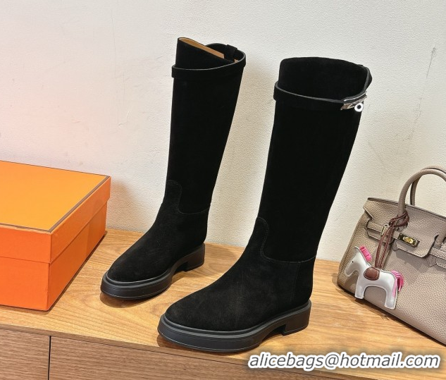 Classic Hot Hermes High Platform Boots in Suede with Kelly Strap Black 2025 H102301 1023062