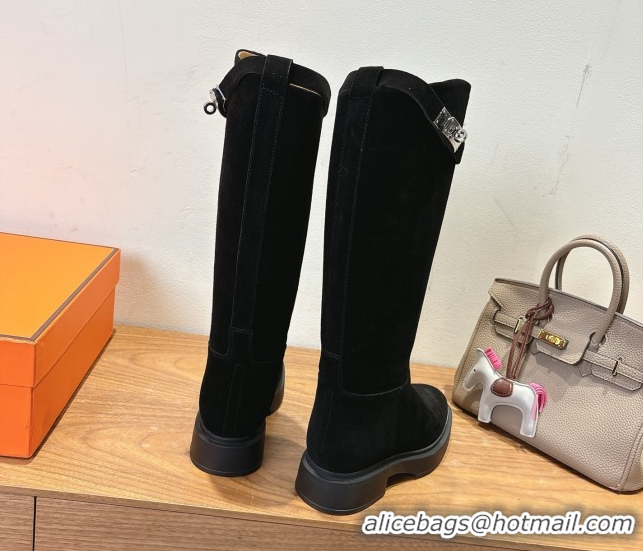 Classic Hot Hermes High Platform Boots in Suede with Kelly Strap Black 2025 H102301 1023062
