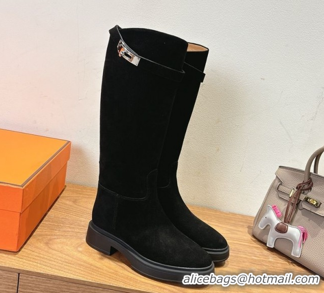 Classic Hot Hermes High Platform Boots in Suede with Kelly Strap Black 2025 H102301 1023062