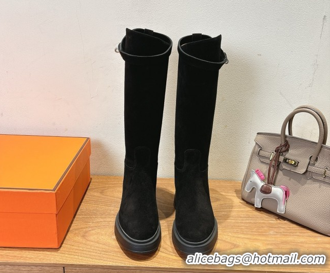 Classic Hot Hermes High Platform Boots in Suede with Kelly Strap Black 2025 H102301 1023062