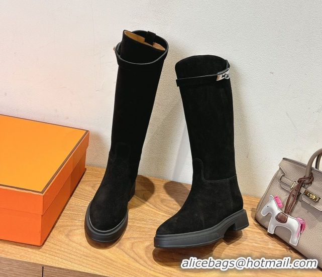 Classic Hot Hermes High Platform Boots in Suede with Kelly Strap Black 2025 H102301 1023062
