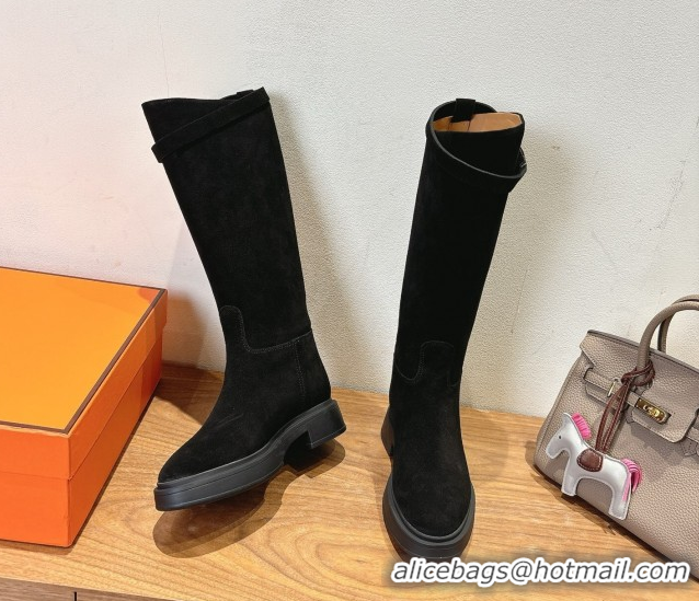 Classic Hot Hermes High Platform Boots in Suede with Kelly Strap Black 2025 H102301 1023062