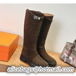 Best Grade Hermes High Platform Boots in Suede with Kelly Strap Dark Brown 2025 H102301 1023063