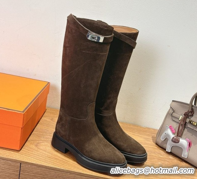 Best Grade Hermes High Platform Boots in Suede with Kelly Strap Dark Brown 2025 H102301 1023063